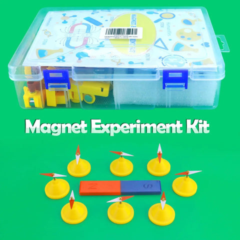 Electromagnetism Magnet Experiment Kit For Curious Minds with bar magnets, compass, and storage box on green background.