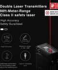 Pocket Size Laser Measuring Tool With 98 Feet Range And 2mm Precision, USB C Rechargeable, OLED Display, Real Time Data Sync, Unit Switch For Ft M In, Perfect Gift For Men Women Dad Mom, Dope Home And DIY Gadget, shown with laser beam