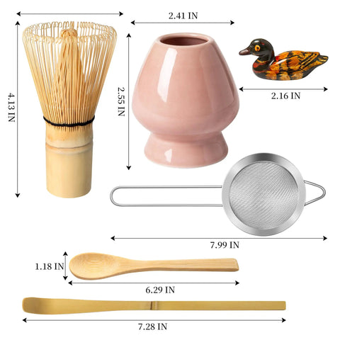 Pink Matcha Whisk Set With Chasen Holder And Ceramic Stand includes bamboo scoop, fine mesh sifter, and tea tools shown with dimensions.