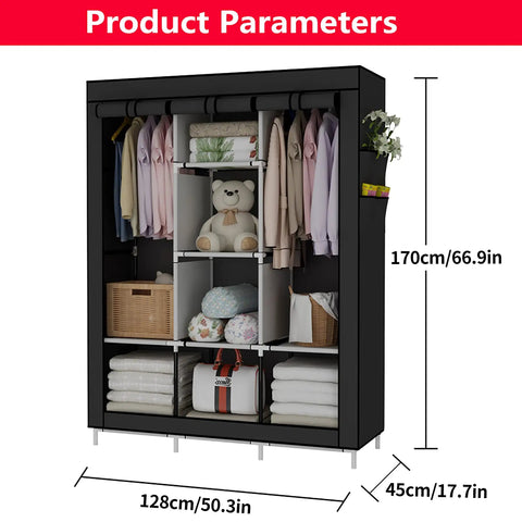 Dope Space Saver Portable Wardrobe Closet Organizer with six shelves, two hanging sections, steel frame, black