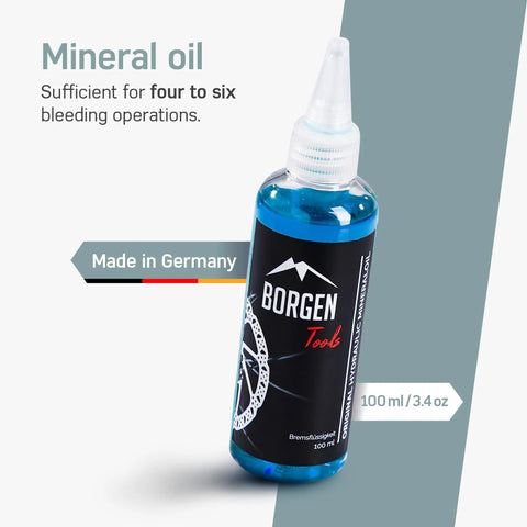 100ml mineral oil bottle for Bike Brake Bleed Kit For Magura Hydraulic Disc Brakes, labeled 'Borgen Tools', Made in Germany.