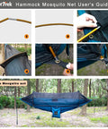 Setup guide for Camping Hammock With Mosquito Net And Rain Fly Tarp For Outdoor Adventures, showing assembly details and full view.