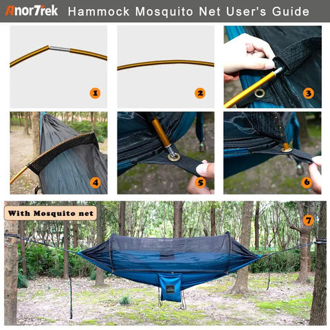 Setup guide for Camping Hammock With Mosquito Net And Rain Fly Tarp For Outdoor Adventures, showing assembly details and full view.
