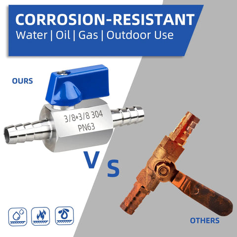 Comparison of Two Pack Three Eighths Inch Barb Ball Valve Inline Shut Off Valve In Marine Grade 304 Stainless Steel vs rusty valve
