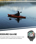 Inflatable Boat Air Pressure Gauge With Digital Display For Kayaks, Paddle Boards And Surfboards, beside kayaker on lake