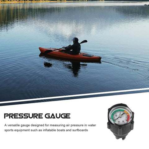 Inflatable Boat Air Pressure Gauge With Digital Display For Kayaks, Paddle Boards And Surfboards, beside kayaker on lake