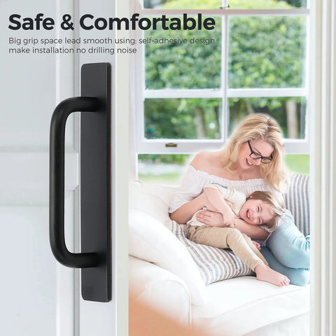 Self Adhesive Cabinet Handles 5.83 Inch Black Zinc Alloy Drawer Pulls shown on a door with a family relaxing in the background.