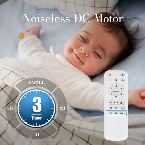 Sleeping baby with remote for 52 Inch White Ceiling Fan With Light And Remote Energy Efficient 120V DC Motor Dimmable LED Light