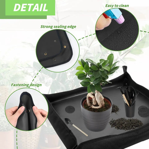 Foldable Plant Repotting Mat With 13 Piece Mini Garden Tools And 30 Pot Hole Mesh Pads, black mat with plant and tools