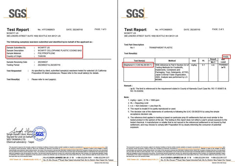 SGS test report for clear 5x7 inch cellophane bags with self-sealing closure, outlining compliance and material safety details.