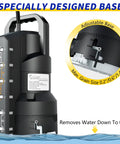 3/4HP 4500GPH Automatic Sump Pump With 6 Modes, Submersible Utility Water Pump visible with adjustable base and features label