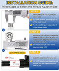 Installation guide for selecting the correct thread adapter size with digital caliper measurements and fitting illustrations.