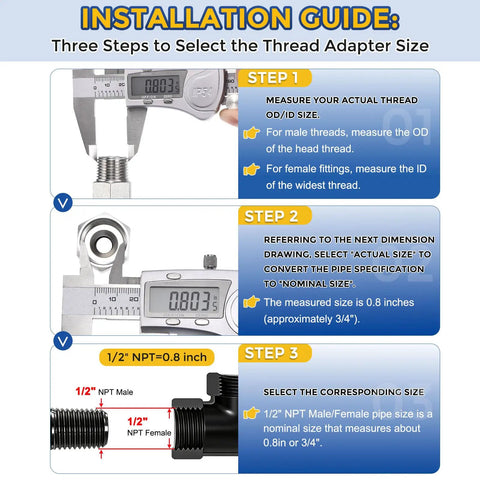 Installation guide for selecting the correct thread adapter size with digital caliper measurements and fitting illustrations.
