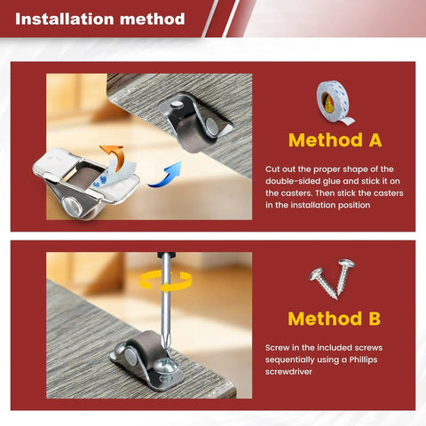 Installation methods for Tiny Fixed Drawer Casters 0.5 Inch Non Swivel Rubber Wheels Low Profile Stick On Adhesive Castors Set Of 8