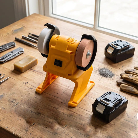 Slick Cordless Mini Bench Grinder With 70mm Wheel And 5500 RPM on a workbench with tools, featuring a yellow base and battery.