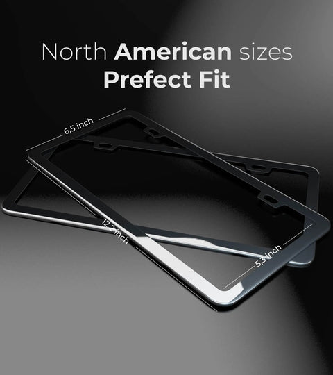 Dope Black Chrome Finish License Plate Frame Set, Stainless Steel Construction With Screw Caps, Easy Install Kit Included, 2 Pack, Sleek Mirror Finish for Cars and Trucks displayed with dimensions.