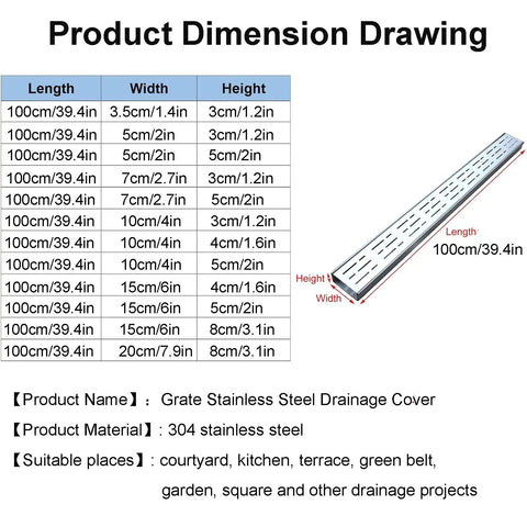 Product Dimension Drawing for Durable 304 Stainless Steel Trench Drain Kit For Outdoor Driveways, Gardens, And Sidewalks