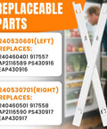Refrigerator Pan Hanger Set Left 240530601 & Right 240530701 replacement rails displayed with their compatible models