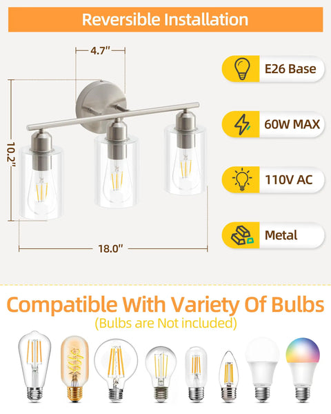 Three Light Bathroom Vanity Light Fixture In Brushed Nickel With Clear Glass Shades Over Mirror Wall Sconce dimensions guide