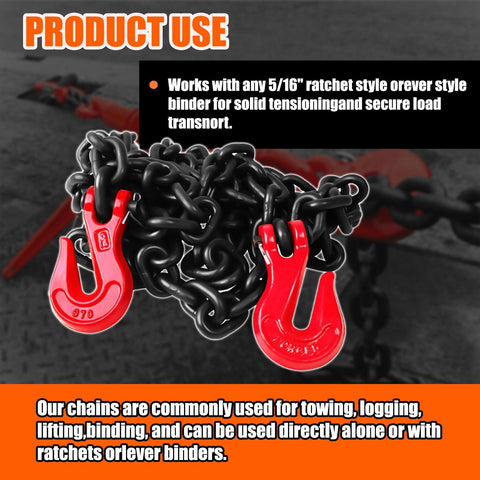 Transport Binder Chain Five Sixteenth Inch By Ten Foot Grade 80 Alloy With Four Thousand Nine Hundred Pounds Safe Working Load Tow Chain With Clevis Grab Hooks Ideal For Transporting Towing And Securing Equipment on display with red grab hooks