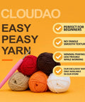 Colorful yarn balls and crochet hook, perfect for beginners, labeled Easy Peasy Yarn on orange background.