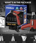 Kickin 1500W Heat Gun Workhorse with Smooth Variable Dial and Dual Airflow Reaching Up to 1200 Fahrenheit, shown with nozzles and user manual.
