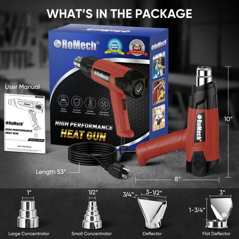 Kickin 1500W Heat Gun Workhorse with Smooth Variable Dial and Dual Airflow Reaching Up to 1200 Fahrenheit, shown with nozzles and user manual.
