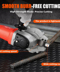 Heavy Duty 2100 W Brushless Electric Rebar Cutter With 110 Mm Blade cutting a steel rebar with precision on a workbench.