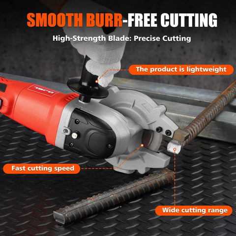 Heavy Duty 2100 W Brushless Electric Rebar Cutter With 110 Mm Blade cutting a steel rebar with precision on a workbench.