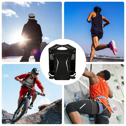 Running Hydration Backpack With Built In Water Reservoir Vest For Outdoor Fitness, worn by athletes in various activities