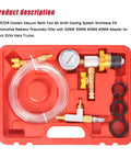 Universal Engine Cooling System Vacuum Purge And Refill Kit Set with tools, adapters, and hose in red case for easy coolant swaps.