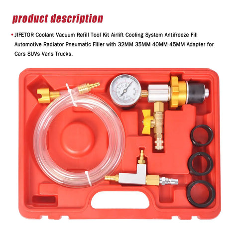 Universal Engine Cooling System Vacuum Purge And Refill Kit Set with tools, adapters, and hose in red case for easy coolant swaps.
