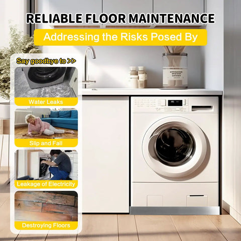 Laundry room with washing machine and stainless steel washing machine pan for floor protection, addressing risks of leaks, slips, and damage.