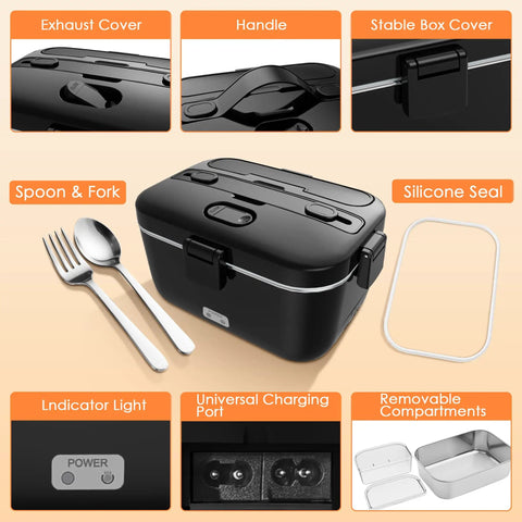Electric Lunch Box Heater 100W Portable Food Warmer 1.8L for Work with utensils, silicone seal, and charging port