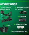 18V MultiVolt Brushless Cordless Coil Roofing Nailer Kit With 2.0Ah Battery Delivers 7/8 To 1-3/4 Inch Nails Side Loading Magazine