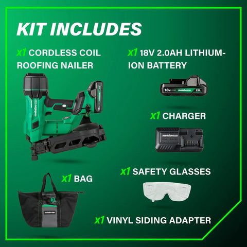 18V MultiVolt Brushless Cordless Coil Roofing Nailer Kit With 2.0Ah Battery Delivers 7/8 To 1-3/4 Inch Nails Side Loading Magazine
