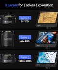 HDMI Soldering Microscope With Flexible Arm, 3 Lens Magnification, 360 Degree Base Rotation, 135 Degree Horizontal Extension, 180 Degree Vertical Movement, Foldable Design, Dope Lighting For Precise Electronics Work And Repairs showing three lenses