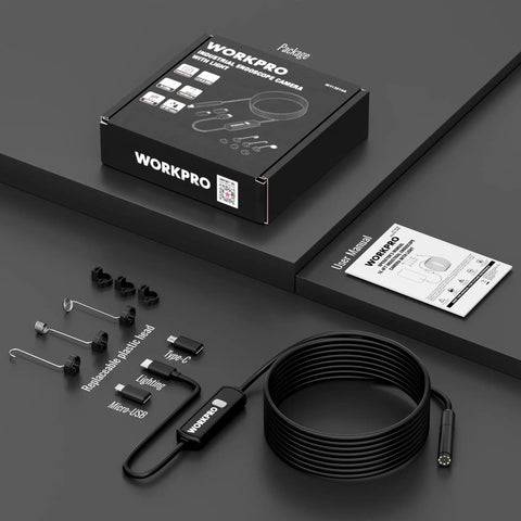 Endoscope Camera 16.4 Ft Cable 1920P HD For iOS And Android With Type C To Lightning And Type C To Micro USB Adapters Real Time View On Phones Tablets And PCs HarmonyOS Not Supported package with cable, adapters, and manual
