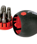 Compact Stubby Screwdriver With Six In One Torx Bits T8 T10 T15 T20 T25 T30 Soft Finish Cushion Grip opened showing bits