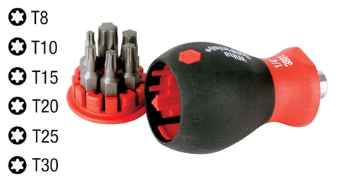 Compact Stubby Screwdriver With Six In One Torx Bits T8 T10 T15 T20 T25 T30 Soft Finish Cushion Grip opened showing bits