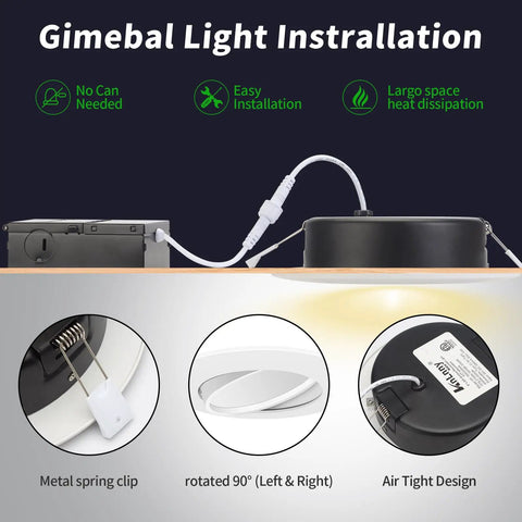 4 Inch LED Recessed Lights 4 Pack Adjustable Gimbal Eyeball With Junction Box 5 CCT Selectable Airtight IC Rated 9W 750LM Dimmable ETL Listed Indoor Ceiling Downlights Easy Install installation diagram with features highlighted.