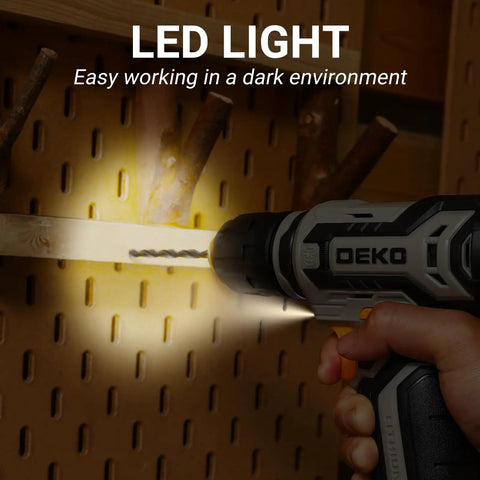 12V Cordless Drill Kit With LED Light demonstrating drilling in wood in dark environment