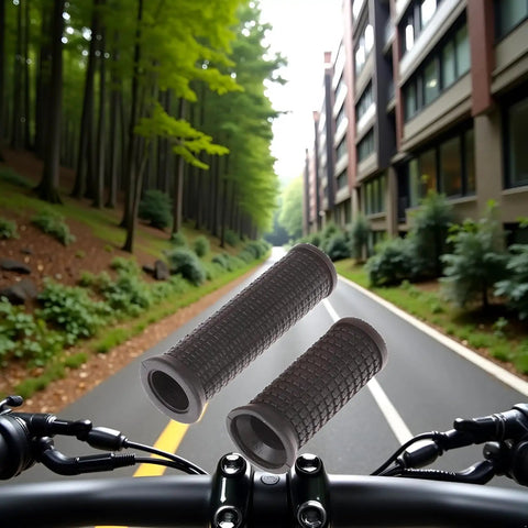 Grippy Universal Mountain Bike Handlebar Grips twisting shifters, shown in forest city path with anti-slip soft rubber design