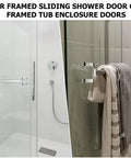 Solid Build Chrome Shower Door Handles And Towel Bar Brackets With 2 Inch Mount Holes and full hardware kit on framed shower and tub doors.