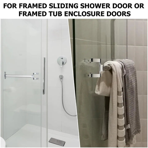 Solid Build Chrome Shower Door Handles And Towel Bar Brackets With 2 Inch Mount Holes and full hardware kit on framed shower and tub doors.