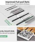Improved full-pull rails for Heavy Duty Pull Out Cabinet Organizer Expands To Fit Twelve Through Twenty Inches with stainless steel cookware.