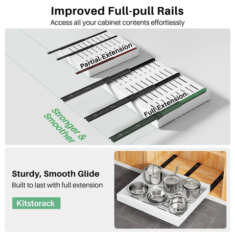 Improved full-pull rails for Heavy Duty Pull Out Cabinet Organizer Expands To Fit Twelve Through Twenty Inches with stainless steel cookware.
