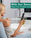 Universal Remote For LG Smart TVs That Just Works With All LG LED LCD OLED 4K HDTV Models held by woman relaxing on sofa