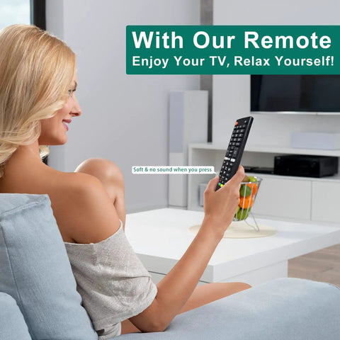 Universal Remote For LG Smart TVs That Just Works With All LG LED LCD OLED 4K HDTV Models held by woman relaxing on sofa