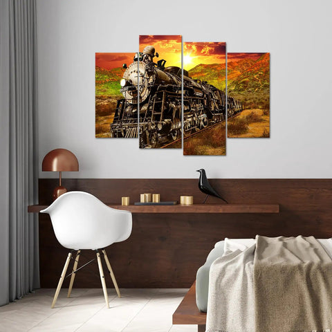 Vintage Steam Train Canvas Wall Art Set Four Panel 12x24 And 12x32 Locomotive Print above modern desk in stylish room
